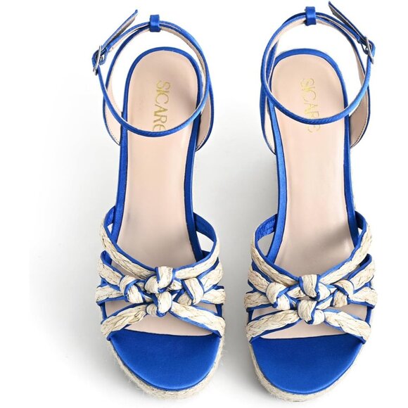Sicare Open Toe Wedge Raffia Blue Women Espadrilles Braided Strappy Sandal - Picture 9 of 12
